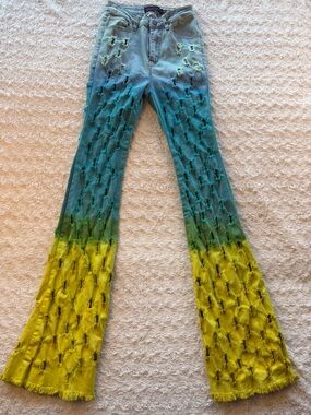 Purple Candy High-Rise Flared Jeans Women’s Distressed Tie Dye Blue Yellow